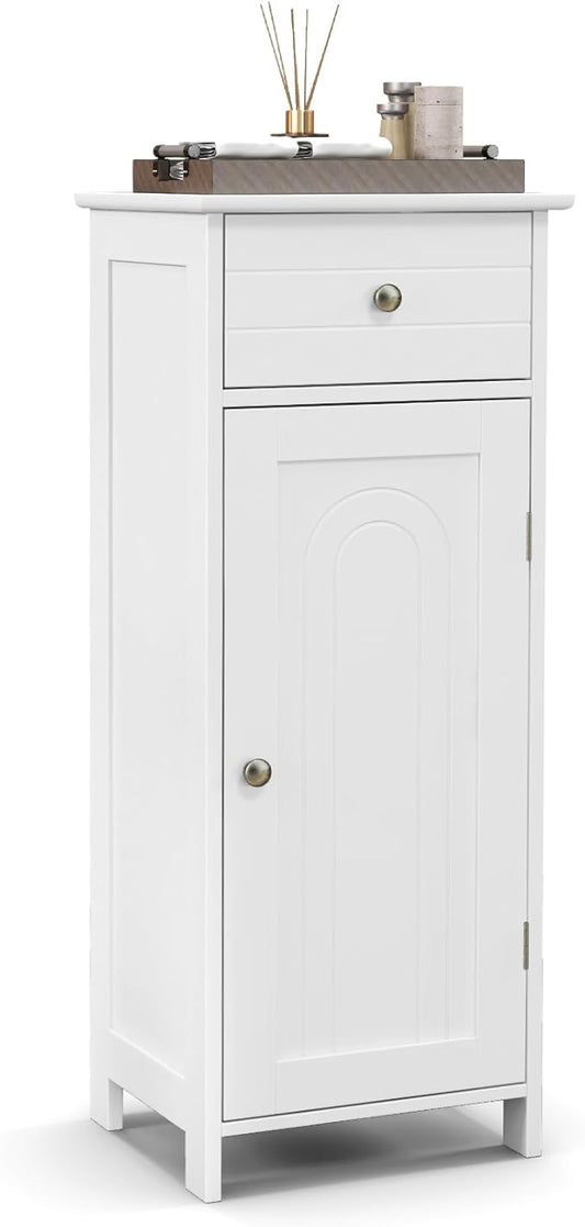 LOKO Bathroom Floor Cabinet, Freestanding Single Door Storage Cabinet with Drawer & Adjustable Shelves, Corner Narrow Storage Organizer for Living Room, Entryway (White)