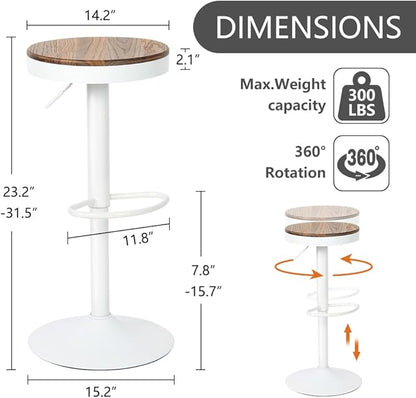 Kidol & Shellder Bar Stools Set of 2 White Round Adjustable Swivel Barstools Modern Backless Bar Chairs Wooden Seat Counter Height Stools Armless for Kitchen Island, Cafe, Dining Room