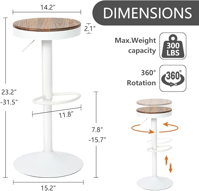 Kidol & Shellder Bar Stools Set of 2 Round Adjustable Swivel Barstools Modern Backless Bar Chairs Wooden Seat Counter Height Stools Armless for Kitchen Island, Cafe, Dining Room White
