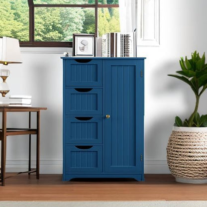 Yaheetech Wooden Bathroom Floor Cabinet, Side Storage Organizer Cabinet with 4 Drawers and 1 Cupboard, Freestanding Entryway Storage Unit Console Table, Bathroom Furniture Home Decor, Navy Blue