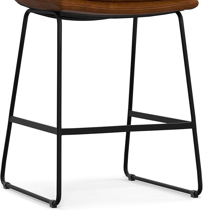 SIMPLIHOME Danika Counter Stools (Set of 2) - 24 Inch Seat Height Upholstered Metal Kitchen Seats in Camel Brown Vegan Faux Leather, Mid Century Modern Seating with Tufted Design and Footrest