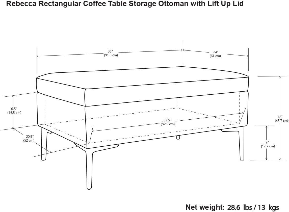 SIMPLIHOME Rebecca 36 inch Wide Mid Century Rectangular Coffee Table Storage Ottoman with Lift Up Lid in Cloud Grey Polyester linen Look, Assembled, For the Living Room, Entryway and Family Room