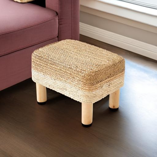 Ottoman Foot Stool Rectangular Footrest Natural Seagrass Footstool with Wooden Legs Hand Weave Multifunctional Modern Dressing Stool, Sofa Side Table for Bedroom for Living Room (White)