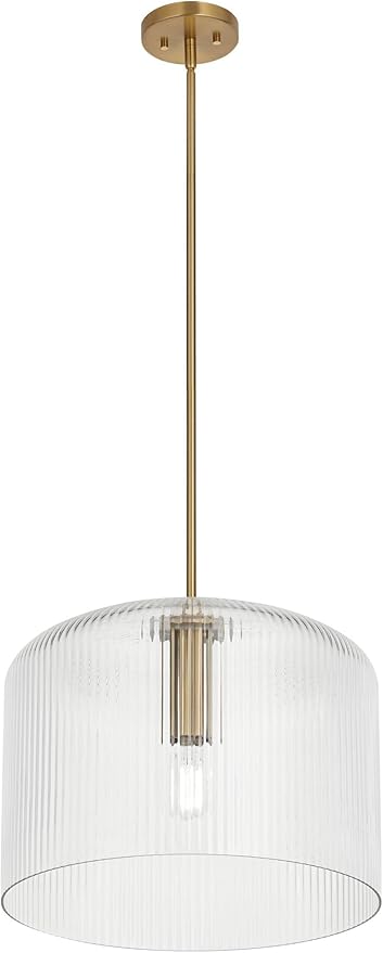 Possini Euro Design Lallie 18" Modern Art Deco Pendant Ceiling Light Fixture Dining Room Over Table Kitchen Island Foyer Drum Hanging Warm Brass Finish Ribbed Glass Hallway Entryway Living Room