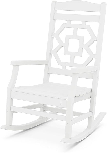 Martha Stewart by POLYWOOD Chinoiserie Outdoor Rocking Chair, White, Durable HDPE All-Weather Patio Furniture with Decorative Lattice, Classic Porch Rocker for Deck, Garden & Backyard, Made in the USA
