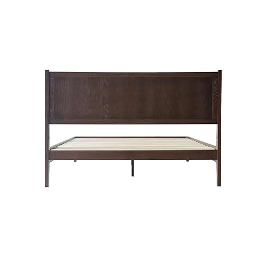 Queen Size Bed Frame with Headboard & Footboard, Solid Wood Platform Bed, Central Metal Legs, 12 Sturdy Slats, Under Bed Storage, Easy Assembly, Noise-Free & Anti-Slip, Dark Roast Oak Finish, OLQ-32
