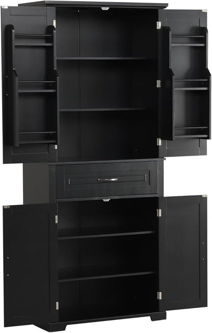 Polibi Bathroom Storage Cabinet with 4 Doors, 3-Tier Door Racks, Storage Drawer, 72" Free-Standing Tall Linen Cabinet for Bathroom, Living Room, Apartment, Black