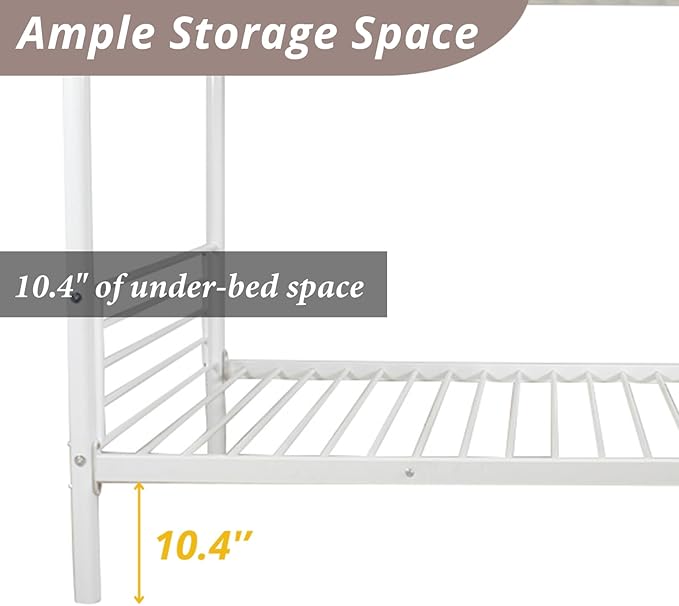 Karl Home White Bunk Bed Twin Over Twin, Metal Bunk Bed with Built-in Ladder and Safety Guardrail, Space-Saving Bunk Beds for Kids, Teens & Adults, No Box Spring