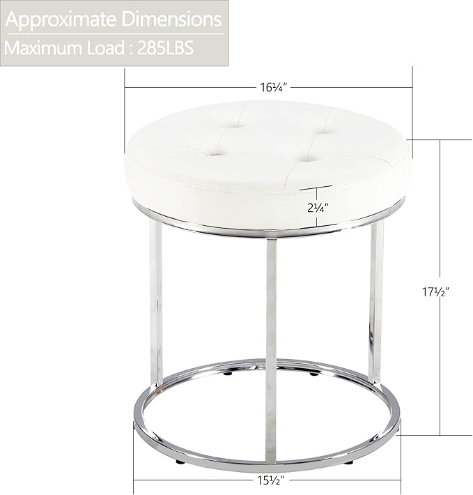 DUHOME Faux Leather Ottoman Stool, Vanity Chair Button Tufted Footrest Stool Makeup Stool with Metal Base for Living Room Bedroom, White