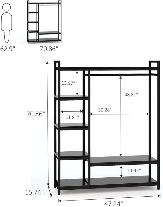 LITTLE TREE Free Standing Wood Closet Clothes Rack,Heavy Duty Grament Rack with Shelves,Hanging Racks for Clothes Clothing Rack for Bedrom,Wardrobe Closet Organizer,350 lb Capacity,Black