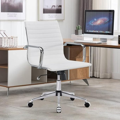 White Office Chairs Computer Conference Swivel Chair with Wheels and Arms Leather Home Office Desk Chair Mid Back Adjustable Chairs for Girls…