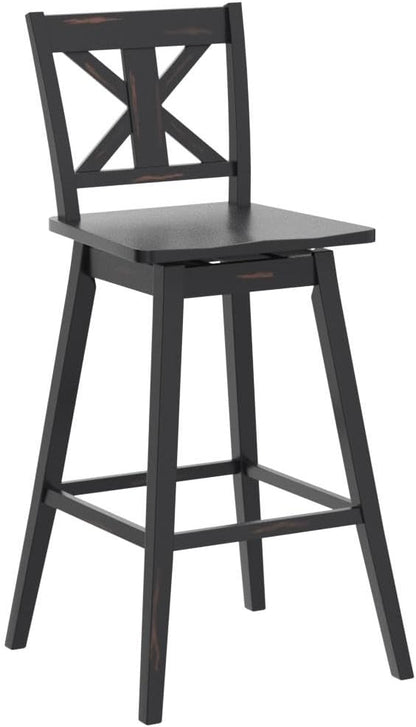 COSTWAY Bar Stools Set of 4, 360 Degree Swivel, 29-inch Height Chairs w/Non-Slip Foot Pads, Rubber Wood Bar Chairs, Vintage Bar Stools for Home, Restaurant (Black)