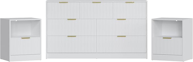 3-Piece Modern Bedroom Furniture Set, Wide 7-Drawer Dresser & 1-Drawer Nightstands Set of 2, Natural Wood Dresser and Nightstand Sets for Bedroom,Hallway, White