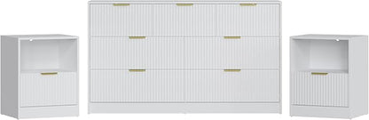 3-Piece Modern Bedroom Furniture Set, Wide 7-Drawer Dresser & 1-Drawer Nightstands Set of 2, Natural Wood Dresser and Nightstand Sets for Bedroom,Hallway, White