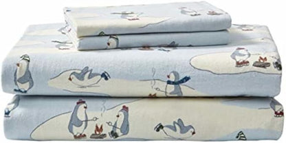 Eddie Bauer - Flannel Sheets Kingsize, Anti-Pilling & Wrinkle Resistant Cotton, Touchably Soft for All-Season Comfort - Bed Sheets with Matching Pillowcase & Fitted Sheet (Skating Penguin)