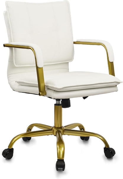 CLATINA Leather Home Office Desk Chair, Swivel Mid-Back Computer Chair with Golden Legs and Arms, Comfy Upholstered Task Chair with Wheels, White