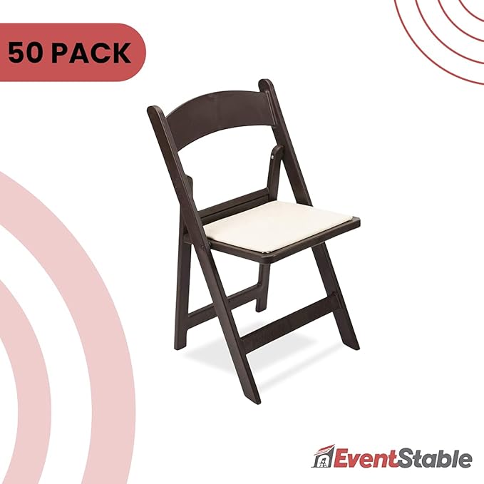 EventStable Titan PRO Resin Folding Chair - Dark Brown Indoor/Outdoor Lightweight Foldable Chair - Vinyl Padded Folding Chair for Weddings Parties Events - 50 Pack