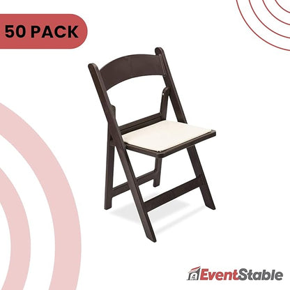 EventStable Titan PRO Resin Folding Chair - Dark Brown Indoor/Outdoor Lightweight Foldable Chair - Vinyl Padded Folding Chair for Weddings Parties Events - 50 Pack