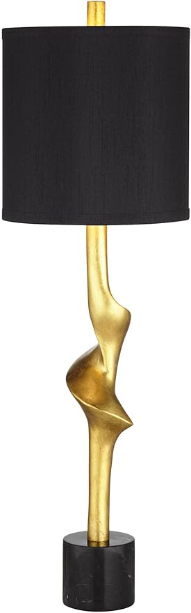 Possini Euro Design Minerva 32" Tall Large Modern Glam Luxury End Table Lamp Sculptural Gold Leaf Finish Marble Black Shade Living Room Bedroom Bedside Nightstand House Office Home Reading Kitchen