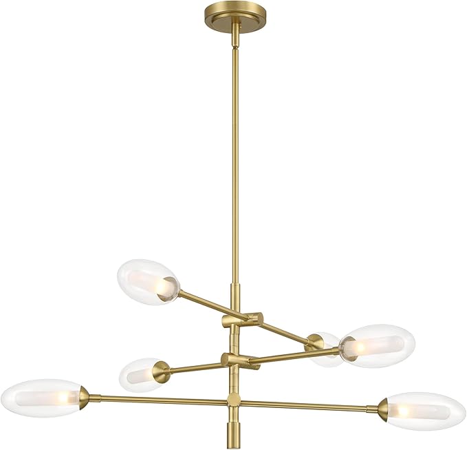 Possini Euro Design Evelyn 33" Modern Chandelier Ceiling Light Fixture Dining Room Over Table Kitchen Island Foyer Sputnik Hanging 6-Light LED Dimmable Brushed Gold Finish Glass Hallway Large
