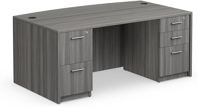 NBF at Work Bowfront Executive Office Desk - Durable Laminate Computer Desk with Two Drawers - Modern Desk with Storage and File Cabinet - Work Desk for Home (71" W, Gray)