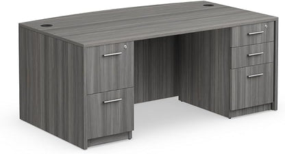 NBF at Work Bowfront Executive Office Desk - Durable Laminate Computer Desk with Two Drawers - Modern Desk with Storage and File Cabinet - Work Desk for Home (71" W, Gray)