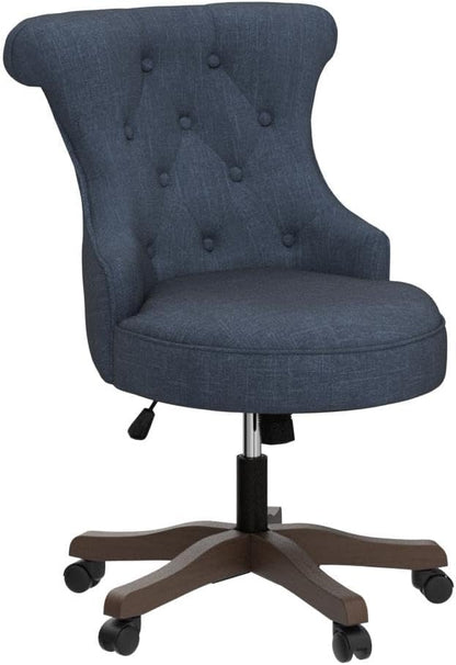 Home Office Chair Adjustable Height Swivel Chair with Wheels Linen Fabric Upholstered Computer Desk Chair with Wooden Legs Comfortable Armless Chair for Home Office Study Studio(Blue)