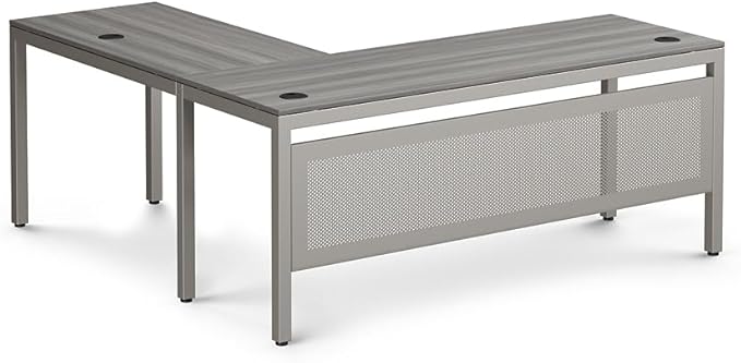 NBF at Work Reversible L Shaped Executive Office Desk - Durable Gray Laminate Computer Desk with Steel Frame - Modern Desk with 3 Grommet Holes - 60" W x 60" D Office Work Desk (Gray)