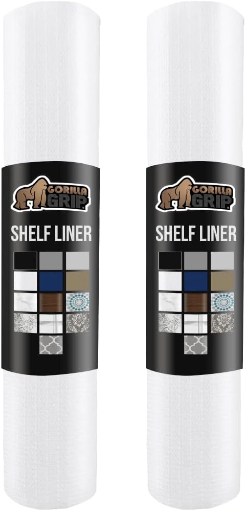 GORILLA GRIP Slip Resistant Drawer and Shelf Liner 2 Pack, Non Adhesive Water Resistant, Easy Clean and Trim, Smooth Surface Liners for Kitchen Cabinet, Shelves, Drawers, Pantry, 12 in x 10 FT, White