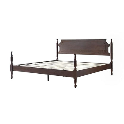 King Size Solid Wood Platform Bed Frame with Headboard & Footboard, 12 Strong Slats Base, Central Metal Legs, No Box Spring Needed, Easy Assembly, Anti-Noise & Slip-Free, Dark Roast Oak Finish, ROK-32