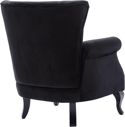 Mid Century Modern Accent Chair Upholstered Armchair Comfy Velvet Fabric Single Sofa with Tufted Wingback for Small Spaces Bedroom Living Room, Black