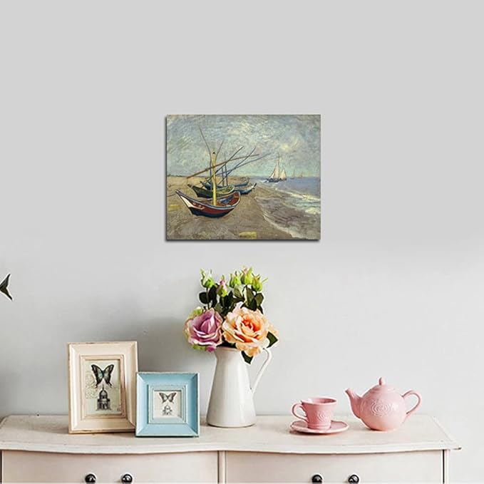 Wieco Art Fishing Boats on the Beach at Les Saintes Maries Modern Giclee Canvas Prints of Van Gogh Famous Oil Paintings Reproduction Seascape Pictures on Canvas Wall Art Work For Home Decorations