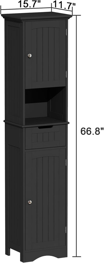 ChooChoo 67" Tall Bathroom Storage Cabinet Freestanding with Adjustable Shelves, Narrow Storage Linen Cabinet with 2 Doors and 1 Drawers for Bathroom, Living Room, Kitchen, Black