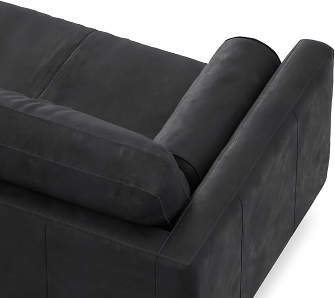 SIMPLIHOME Morrison 89-inch Wide Sofa in Lead Black Genuine Leather, Mid-Century Modern Design Couch for Living Room, Single Bench Cushion, 2 Back Cushions, 2 Bolster Pillows