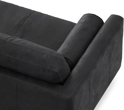 SIMPLIHOME Morrison 89-inch Wide Sofa in Lead Black Genuine Leather, Mid-Century Modern Design Couch for Living Room, Single Bench Cushion, 2 Back Cushions, 2 Bolster Pillows