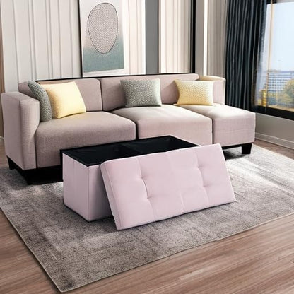 CUYOCA Storage Ottoman Bench Foldable Seat Footrest Shoe Bench End of Bed Storage with Flipping Lid, 75L Storage Space, 30 inches Velvet Pink