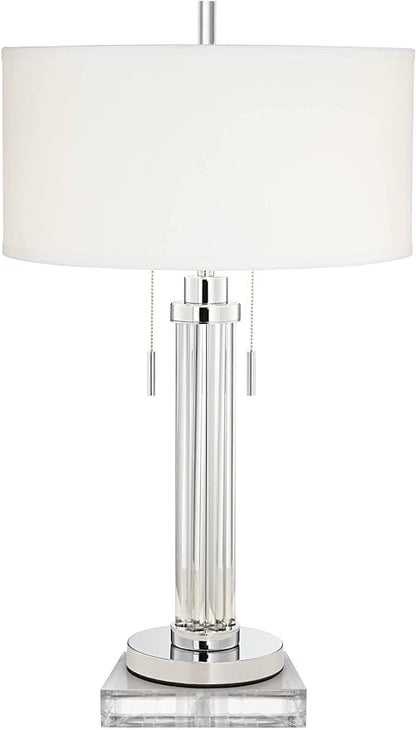 Possini Euro Design Cadence Modern Table Lamp 33" Tall with Square Riser Linear Clear Glass Rod White Linen Drum Shade for Bedroom Living Room House Home Bedside Nightstand Office Entryway Family