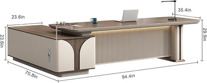 94IN L Shaped Executive Desk - Executive Office Desk with Side Cabinet & Grille Front Baffle & Embedded LED Strip & Mechanical Password Lock & Double-Layer Countertop & Gold Foot Pad