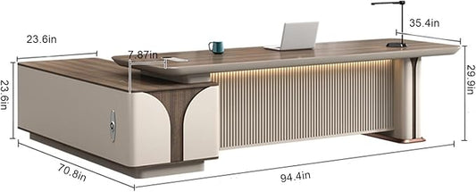 94IN L Shaped Executive Desk - Executive Office Desk with Side Cabinet & Grille Front Baffle & Embedded LED Strip & Mechanical Password Lock & Double-Layer Countertop & Gold Foot Pad