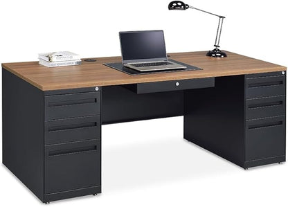 nbf signature series Carbon Steel Executive Desk 72" W x 30" D Planed Teak Ergonomic Computer Office Working PC Desk for Home and Office Use Stylish and Durable
