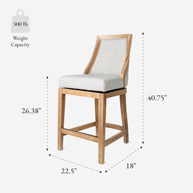 Maven Lane Vienna Counter Stools 26 Inches – Set of 3 – Swivel Stools with Footrests – Brown Solid Wood and Natural Fabric Upholstery – Ideal for Kitchen Islands and Counters