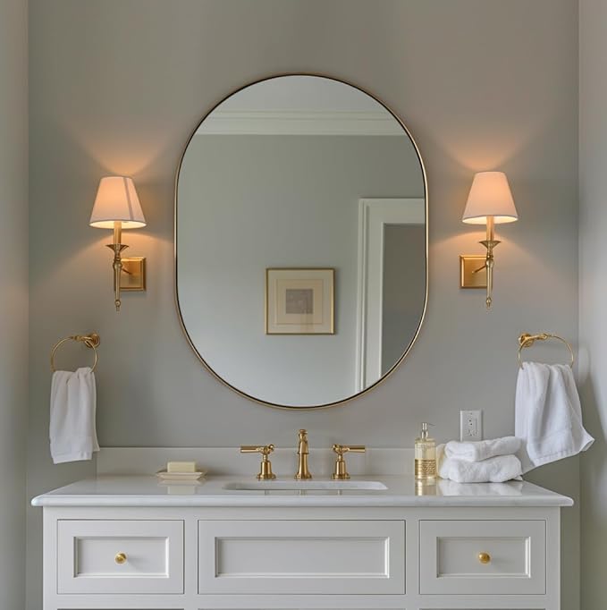 ANDY STAR Oval Bathroom Mirror, 24x32’’ Gold Oval Mirror Pill-Shaped Design in Stainless Steel Metal Frame for Bathroom, Entryway, Living Room, Contemporary 1" Deep Wall Mount Vertical or Horizontal