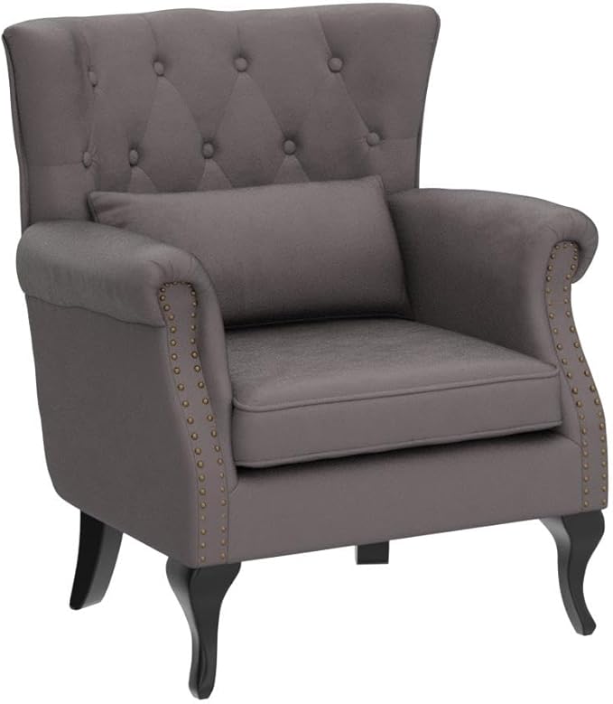 Accent Reading Arm Chairs for Living Room Bedroom, Midcentury Modern Comfy Corner Sofa Chair, Wingback Waiting Room Club Chair with Button Tufted Back &Lumbar Pillow, Velvet Grey