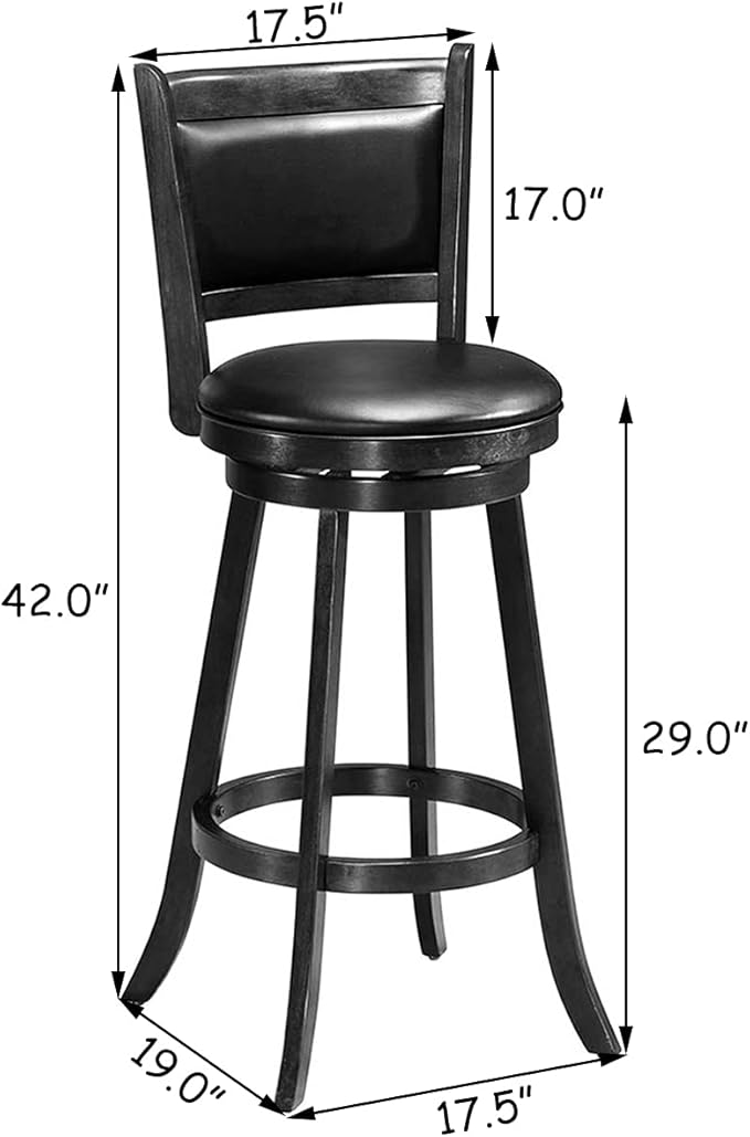COSTWAY Bar Stools Set of 2, 360 Degree Swivel, Accent Wooden Swivel Back Bar Height Bar Stool, Fabric Upholstered Design, PVC Cushioned Seat (2 stools, Black 29'' Height)