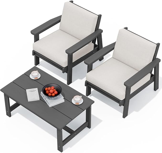 SERWALL HDPE Outdoor Couch, Grey Frame and Khaki Cushion