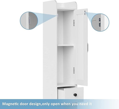 Maupvit Bathroom Storage Cabinet with 2 Frosted Glass Doors, Tall Narrow Storage Cabinet with Doors and Shelves Adjustable, Slim Bathroom Cabinet for Small Spaces, 8 Compartments (White)