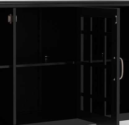 SIMPLIHOME Connaught Solid Wood 60 inch Wide Traditional Wide Storage Cabinet Buffet in Black for The Living Room, Entryway and Family Room