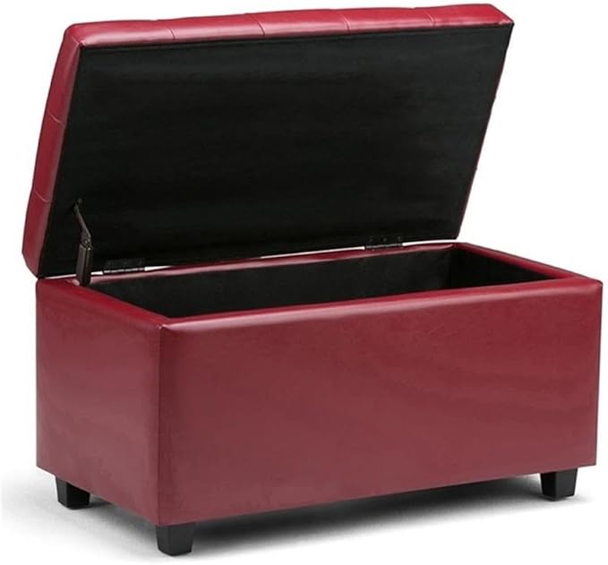 SIMPLIHOME Cosmopolitan 34 inch Wide Transitional Rectangle Storage Ottoman in Red Vegan Faux Leather, Assembled, For the Living Room, Entryway and Family Room