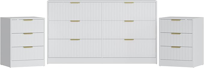 3-Piece Modern Bedroom Furniture Set, Wide 6-Drawer Dresser & 3-Drawer Nightstands Set of 2, Natural Wood Dresser and Nightstand Sets for Bedroom, Hallway, White
