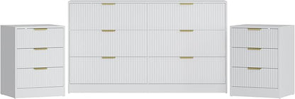 3-Piece Modern Bedroom Furniture Set, Wide 6-Drawer Dresser & 3-Drawer Nightstands Set of 2, Natural Wood Dresser and Nightstand Sets for Bedroom, Hallway, White